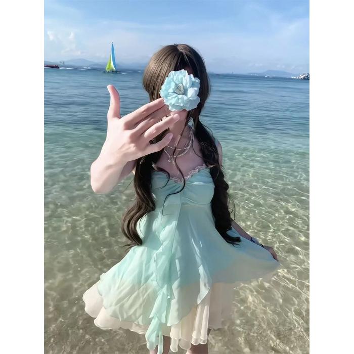 

Small sweet fresh white mint green suspender + tutu skirt short skirt two-piece female S