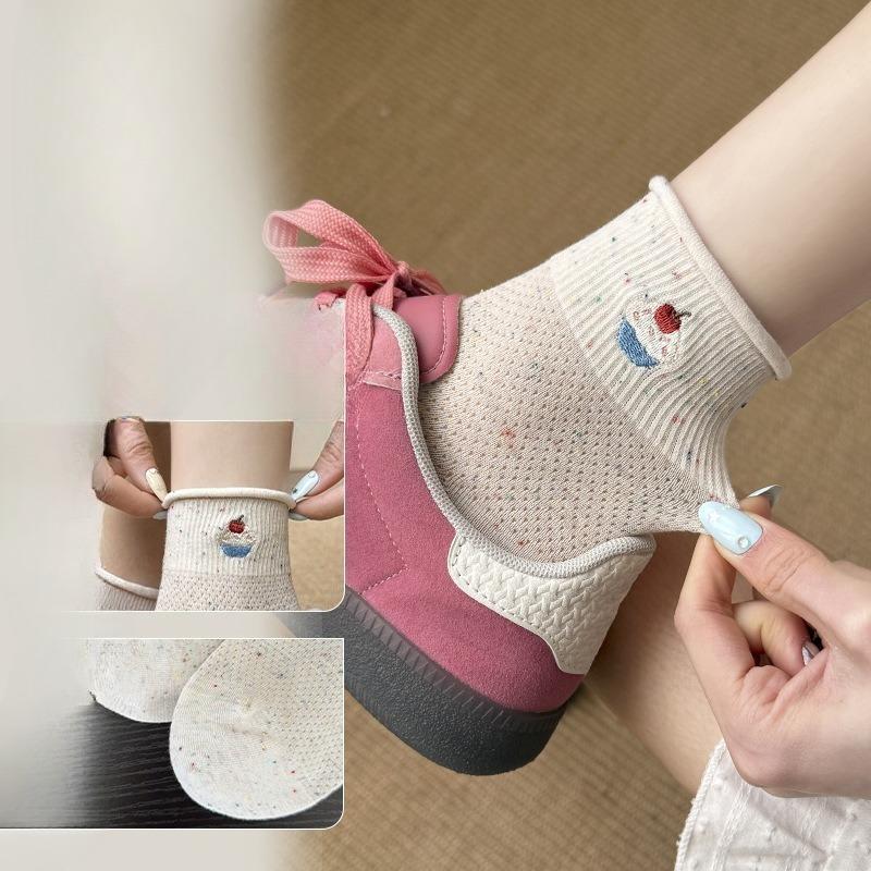 Boneless Short Tube Embroidered Bow Socks for Women, Spring and Summer Breathable Ballet-style Women's Socks, College-style Short Socks