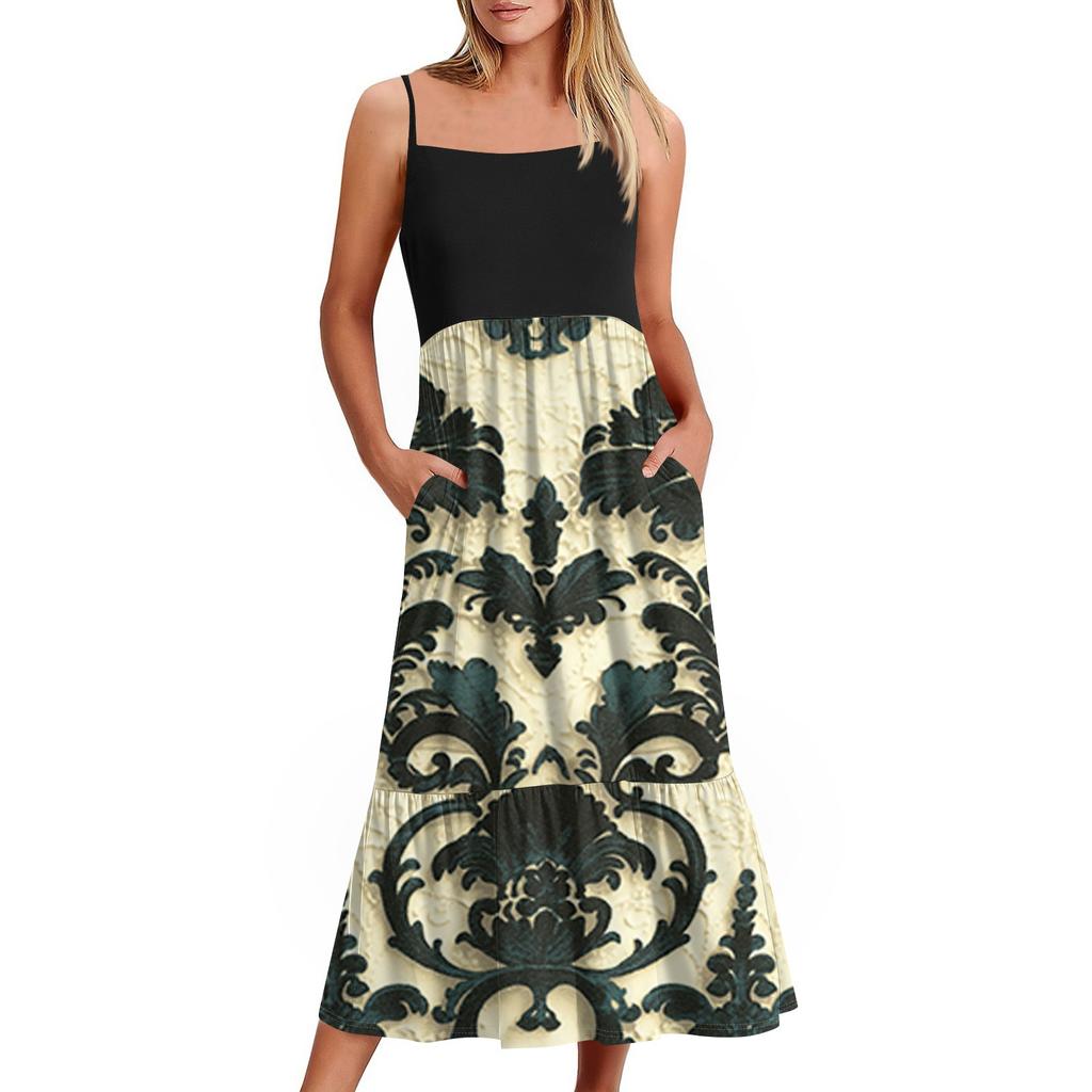 Women's Long Beach Casual Elegant Spaghetti Strap Maxi Dress Floral Low-key Flowing Bohemian Dress