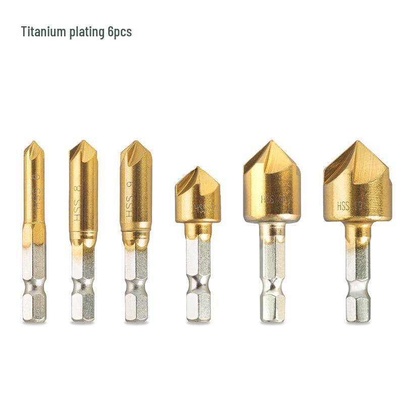 6-Piece Hexagonal Handle Titanium Chamfering Knife & 3-Piece Hole Reamer Woodworking Countersink Set (12mm, 16mm, 19mm)