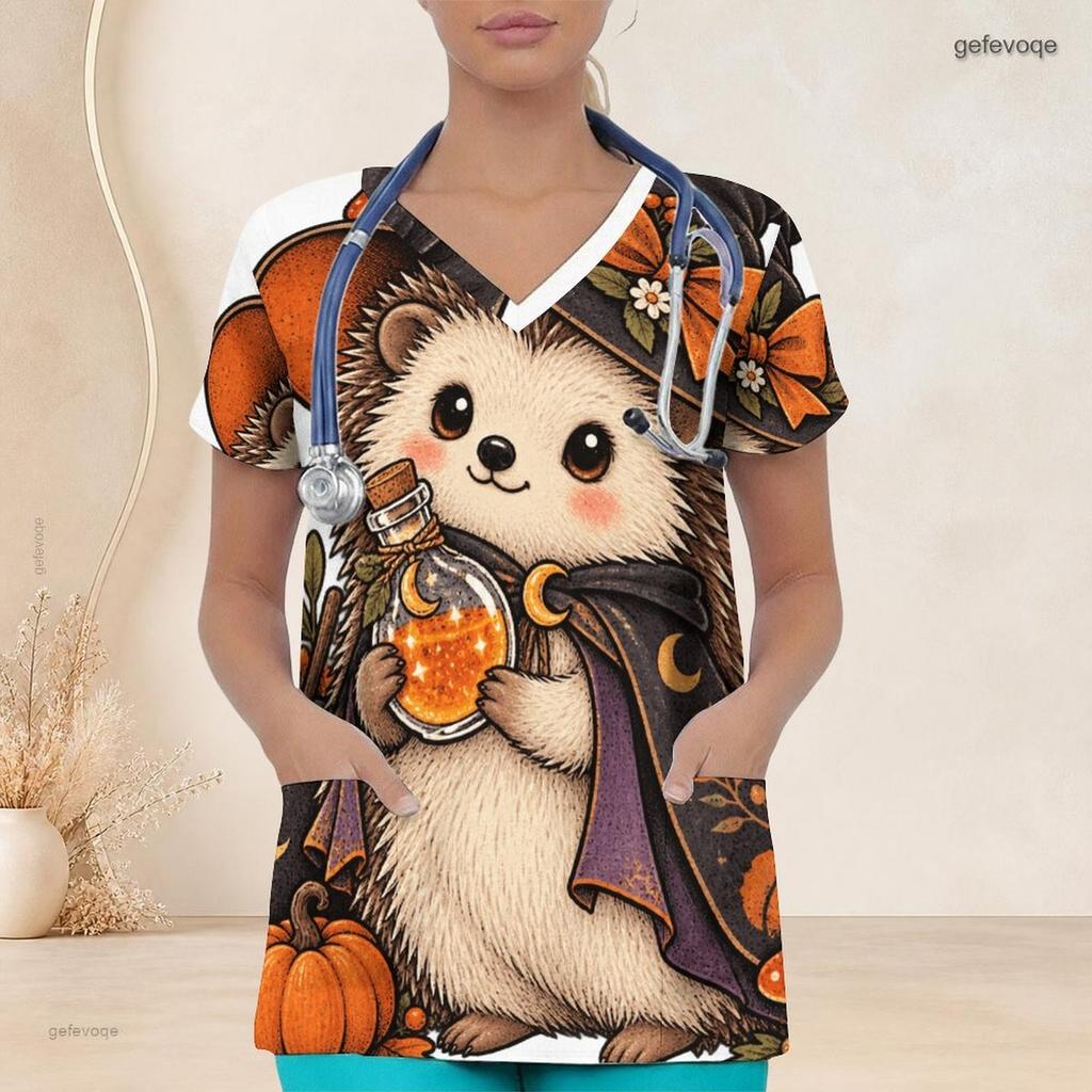 Women Plus Size V Neck Short Sleeve Scrub Top Cowboy Hat Pumpkin Sunflower Cactus Halloween Print Nurse Uniform Top