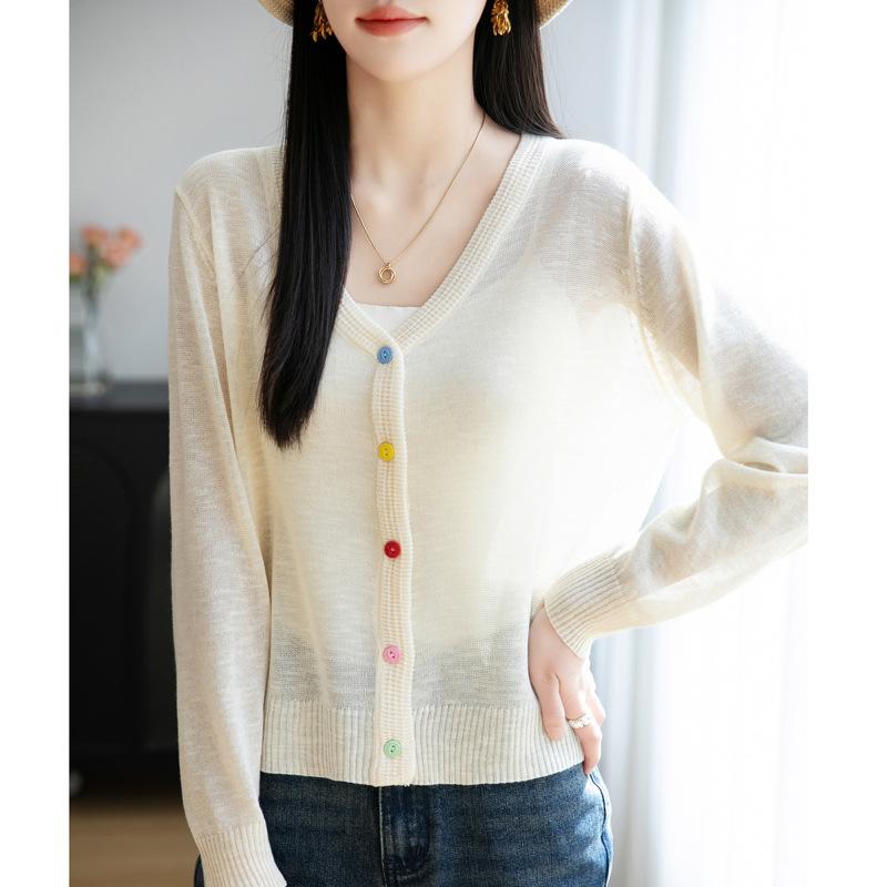 Summer Thin Bamboo Joint Linen V-neck Cardigan Light One Tone Sweater Versatile Air Conditioning Blouse Sunscreen Jacket