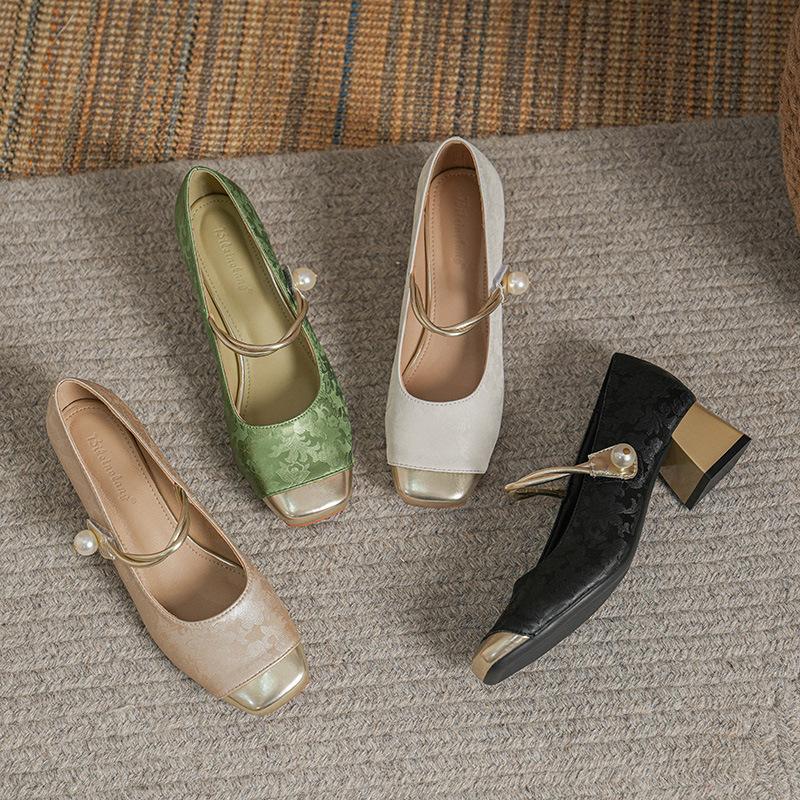 Women Retro Square Toe Mary Jane Shoes Soft Leather Low Heel Buckle Shallow Mouth Flats Spring Summer New