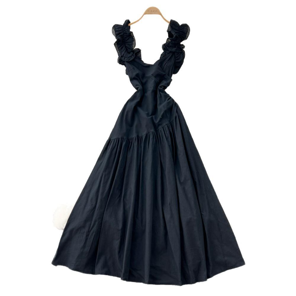 French ruffle leaf edge square neck dress women's summer new high waist thin holiday style temperament dress