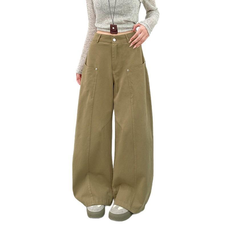 Cotton Navy Blue Rivet Tooling Jeans Women's Autumn New High-waisted and Thin Casual Scimitar Wide-leg Pants