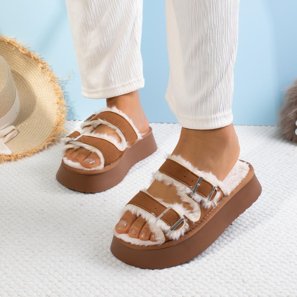 Fashion Women Slippers Thick Bottom Open Toe Needle Buckle Shoes Women Plush Warm Fashion Slippers Comfort Non-slip Furry Slides Women