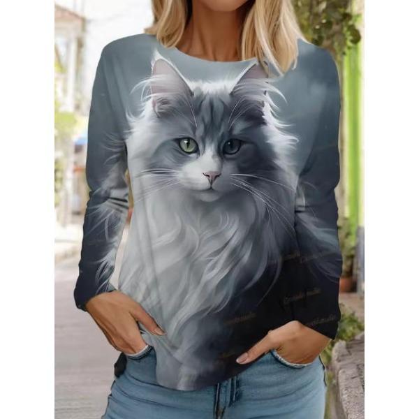 Camisetas de Mujer de Manga Larga Casuales de Moda con Cuello Redondo y Estampado de Gato Lindo con Impresión 3D para Primavera y Otoño