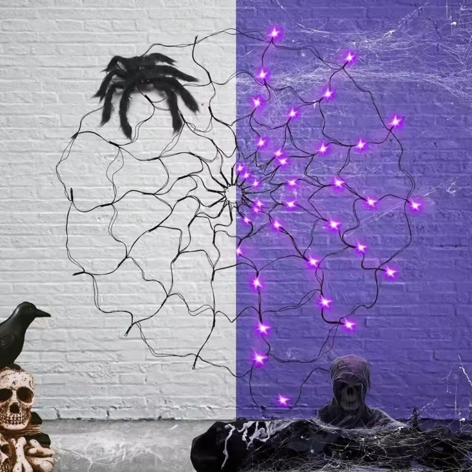 Halloween Spider Web Decoration Light With Giant Hanging Spider&Triangular Web,Indoor/Outdoor Wall Lamp For Haunted House,Party