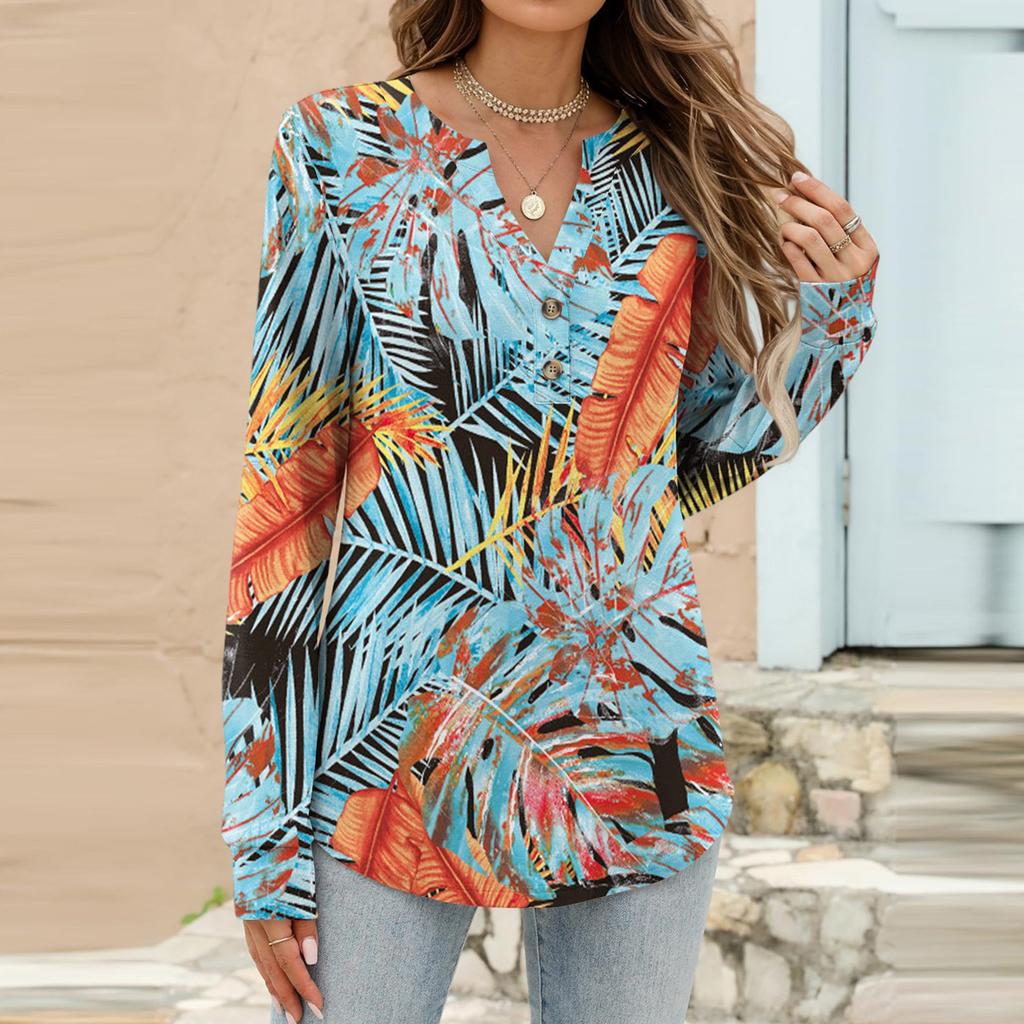 Women's Fashion Casual Floral Print Long Sleeve T-Shirt Pullover Top