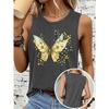 Women's sleeveless vest T Shirt Yellow-green floral butterfly print casual round-neck top Soft, skin-friendly, breathable, comfortable, machine