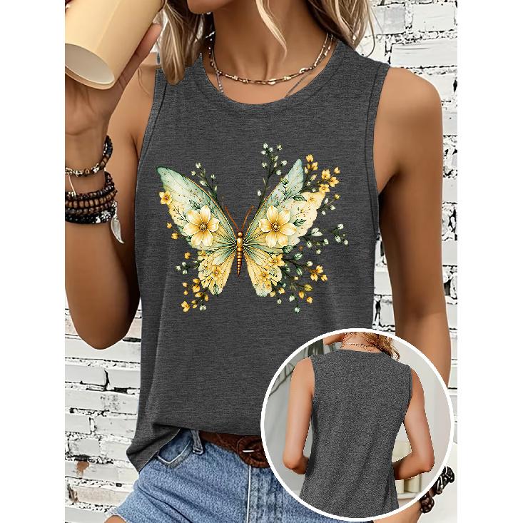 Women's sleeveless vest T Shirt Yellow-green floral butterfly print casual round-neck top Soft, skin-friendly, breathable, comfortable, machine