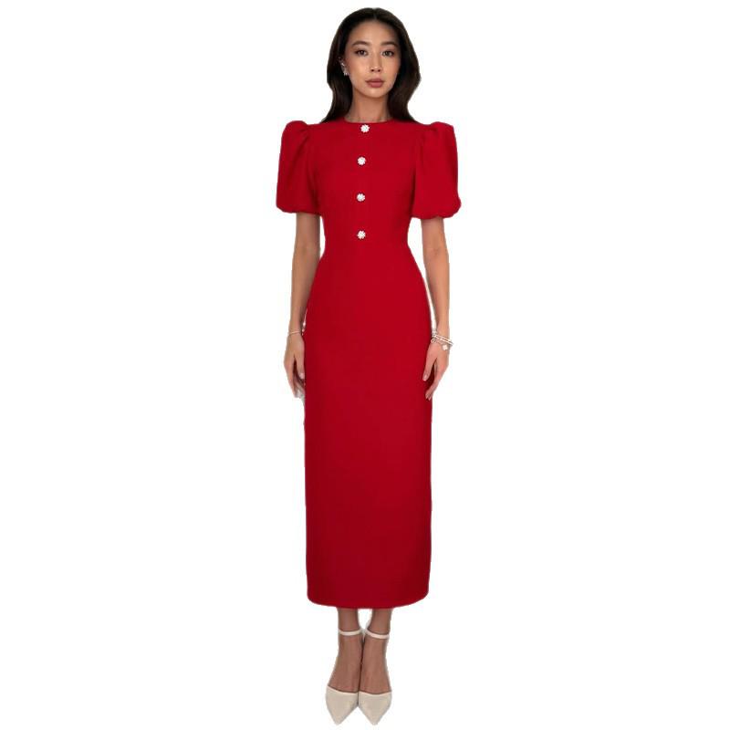 European & American Women's Fashion: Solid Color Round Neck Short Sleeve Buttoned Bodycon Dress (Style 2026)
