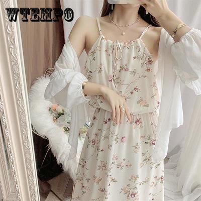 Women Sweet Floral Skirt Sling Dress Chiffon Beach Vacation Sleeveless Elastic Waist Long Skirt