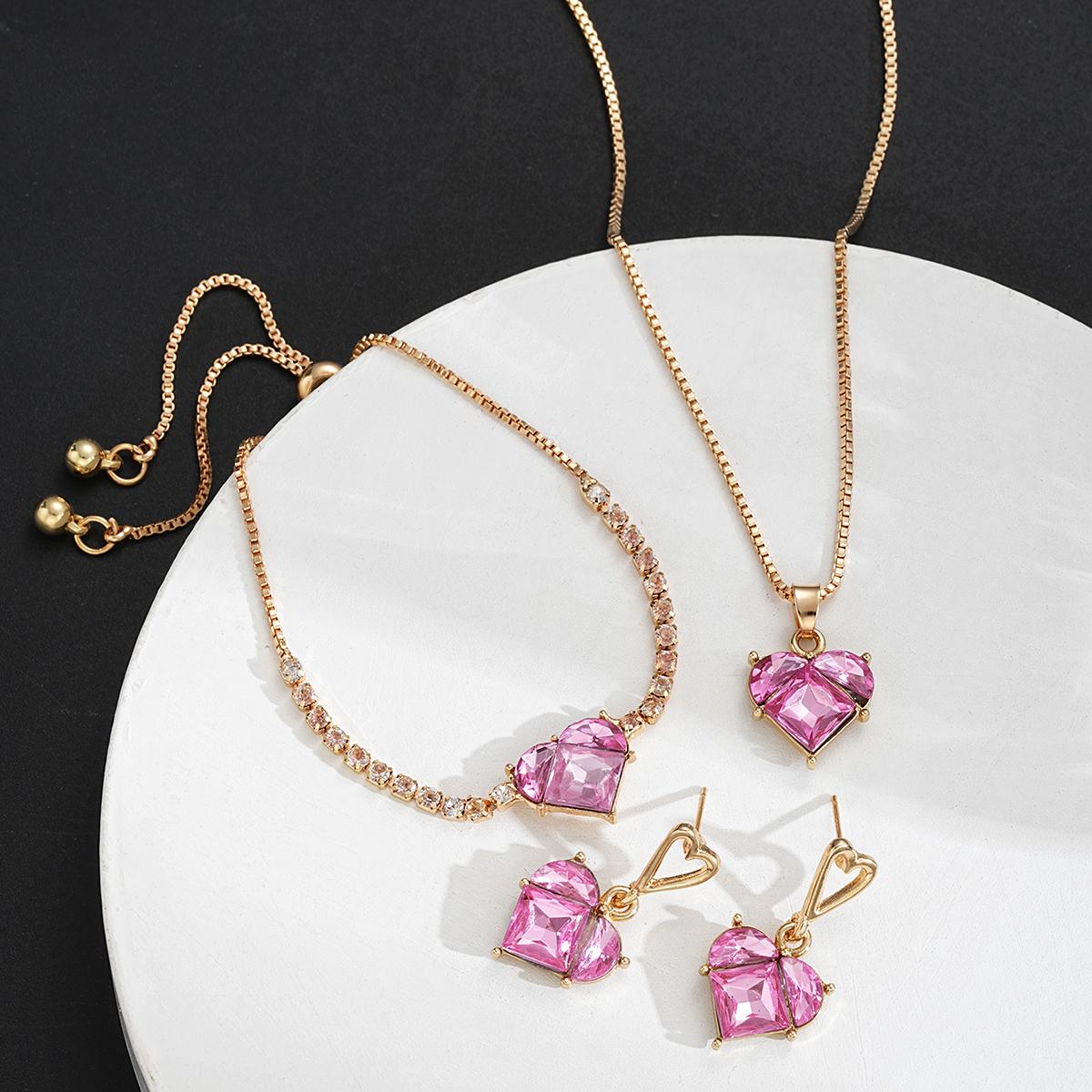 

4Pcs/Set Pink Heart Crystal Jewelry Set for Women Simple Light Luxury Zircon Pendant Box Chain Necklaces Earrings Bracelets Sets