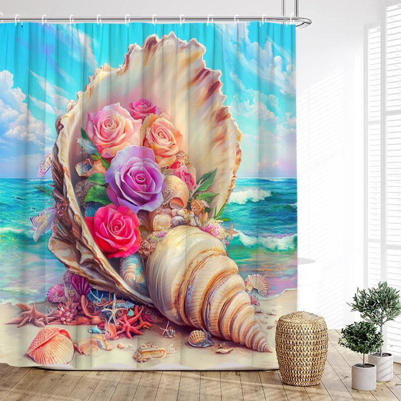 Beach Floral Conch Shower Curtains Watercolour Roses Flowers Starfish Seashells Ocean Waves Scenery Cloth Bathroom Curtain Decor