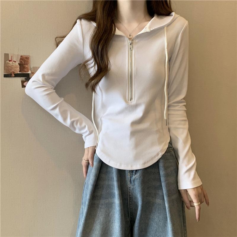 Women's Korean Style Hooded Cropped Sweatshirt, Zipper Long Sleeve, Thin Spring/Autumn 2023 Fashion.
