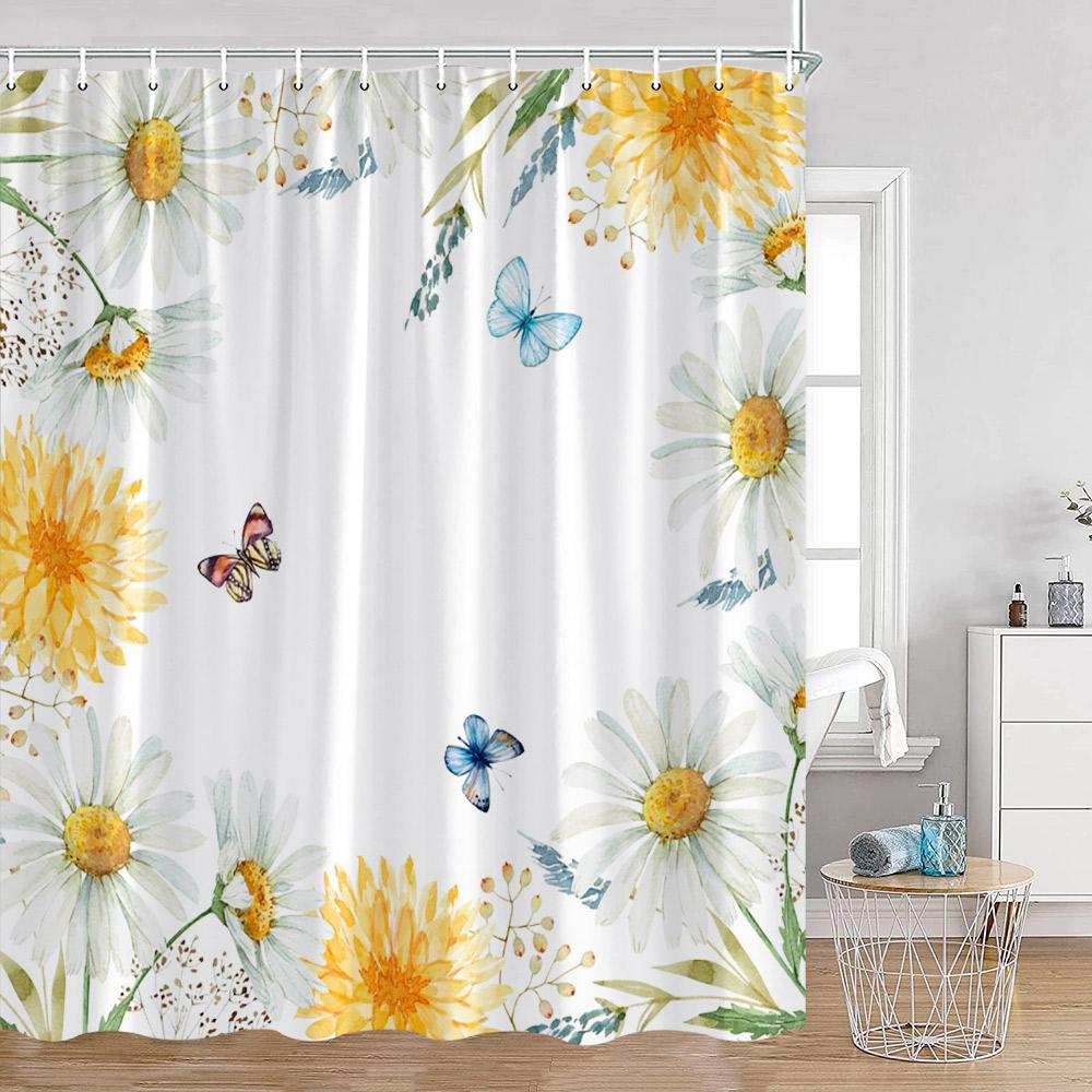 Butterfly Shower Curtains Multicolored Flowers Pastoral Floral Bathroom Decorations Rustic Polyester Bath Curtains with Hooks