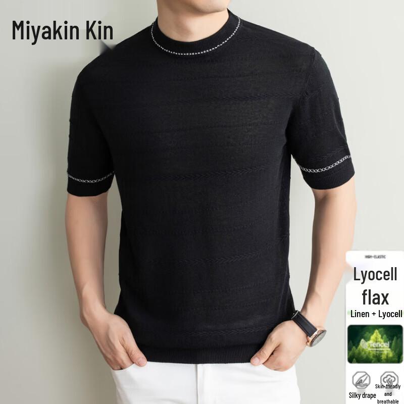 JinJu Men s Lightweight Jacquard Tencel Linen Blend Knit T-Shirt XL чёрный