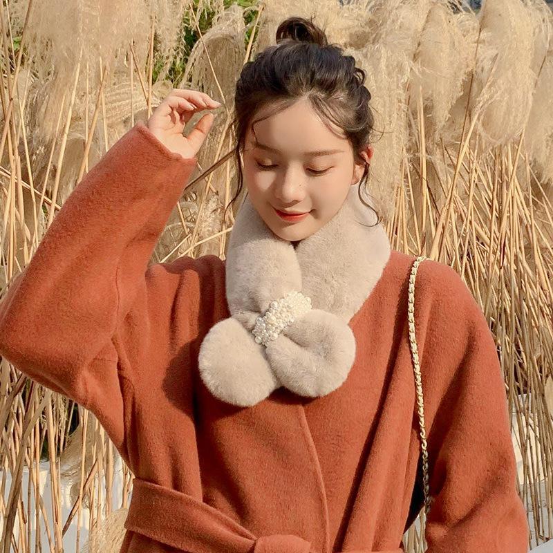 Women's Fur Collar Polyester Fiber Pearl Buckle Cross Thickening Imitation Fur Rex All-match Scarf