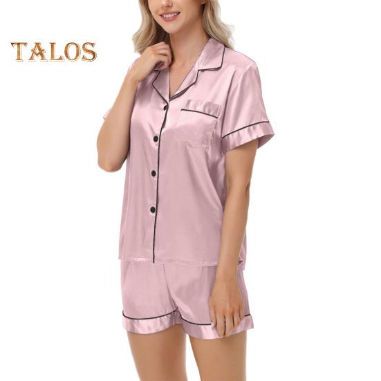 2-teiliges Pyjama-Set, Satin, einreihiges Cardigan-Hemd, V-Ausschnitt, Reverskragen, einfarbiges Hemd mit Brusttasche, lockere Shorts, Nachthemd, Nachtwäsche