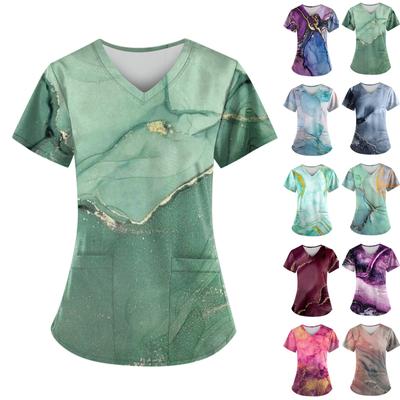 Uniforme de trabajo estampado a la moda para mujer con camiseta de bolsillo Top de manga corta