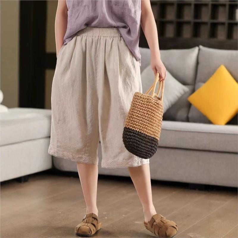 

Johnature Women Solid Color Harem Pants Elastic Waist Summer Vintage Trousers Patchwork Lace Loose Knee Length Pants One Size бежевый