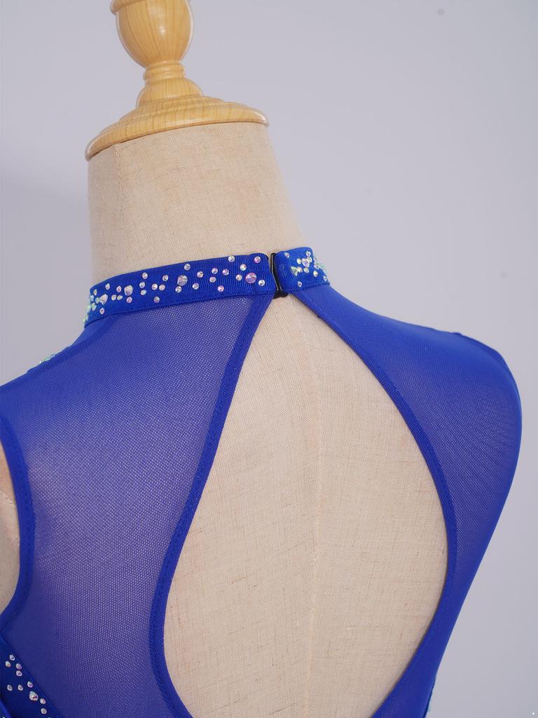 Mädchen Mesh Patchwork Ärmellos Cutout Rücken Raffung Hoher Niedriger Saum Glitzernder Strassstein Kleid Tanzaufführungskleid