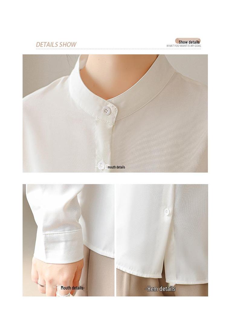 Women's French Style White Chiffon Shirt with Stand Collar for Spring-Autumn