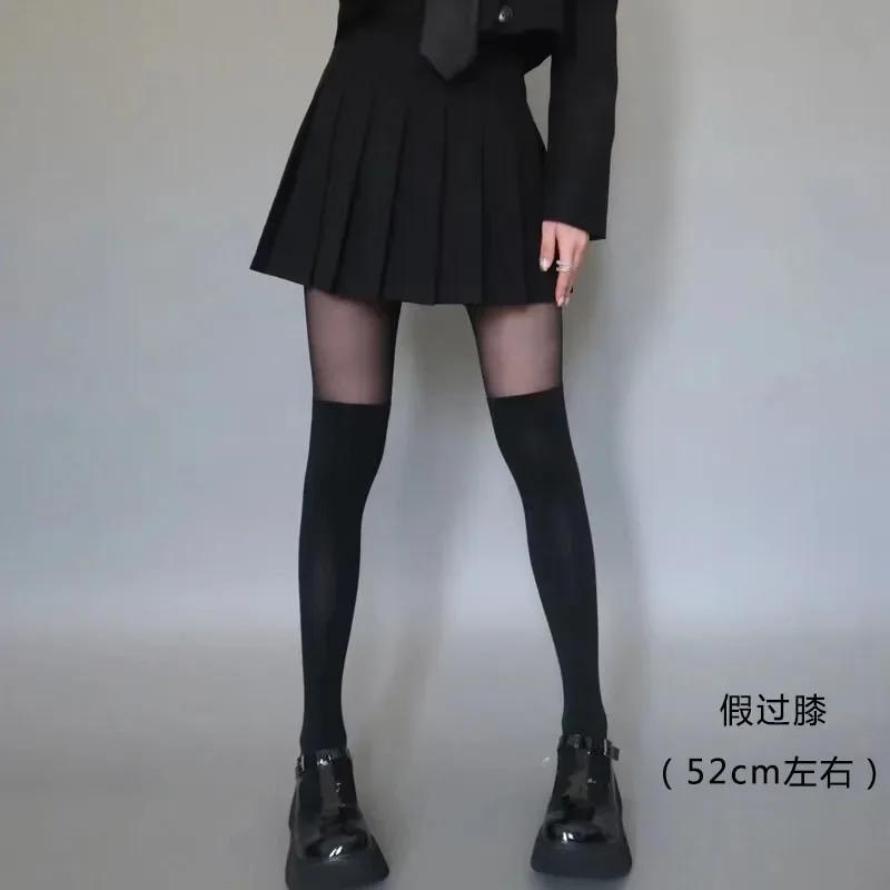 Women's Sexy Patchwork Sheer Black Thigh High Fake Stockings Slim Perfect Legs Tights Stripe Over Knee Pantyhose Female Hosiery