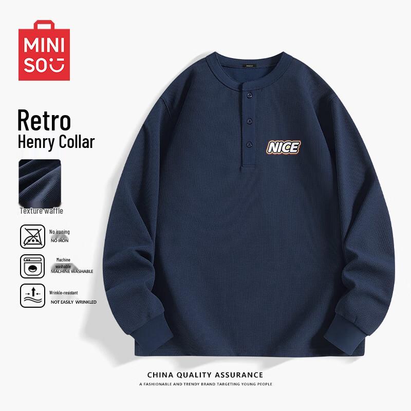 MINISO Men s American High-Street Henley Long Sleeve Waffle Knit T-Shirt M