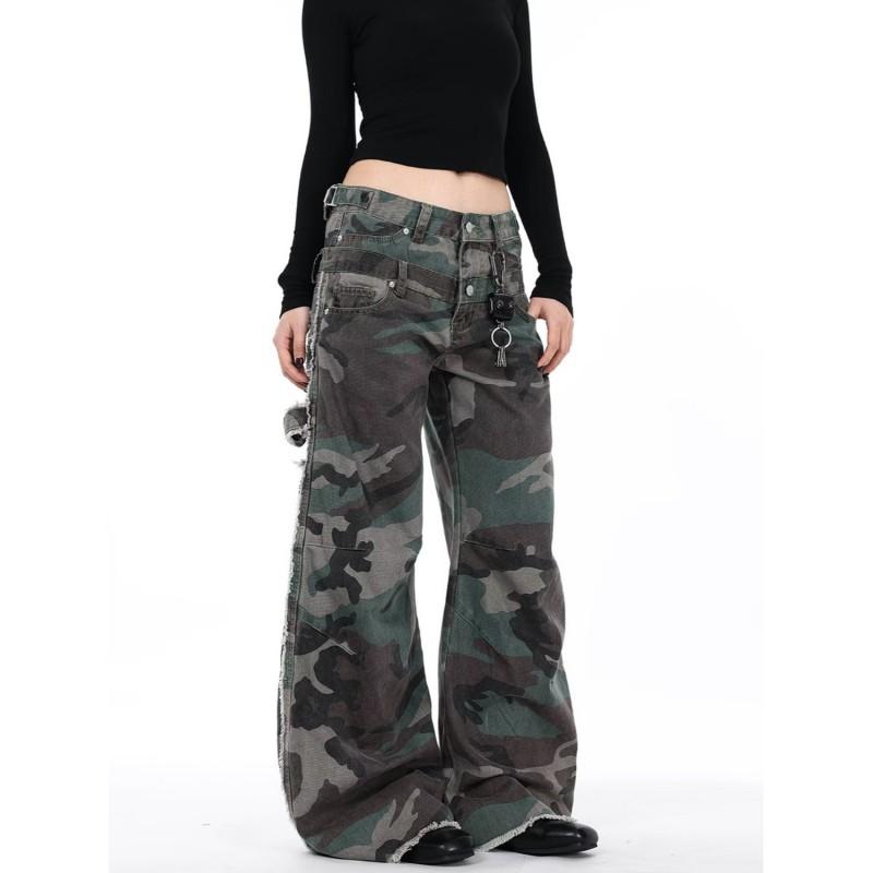 Womens Vintage Camo Denim Jeans High Waist Straight Leg Wide Fit Cargo Pants Casual Wear