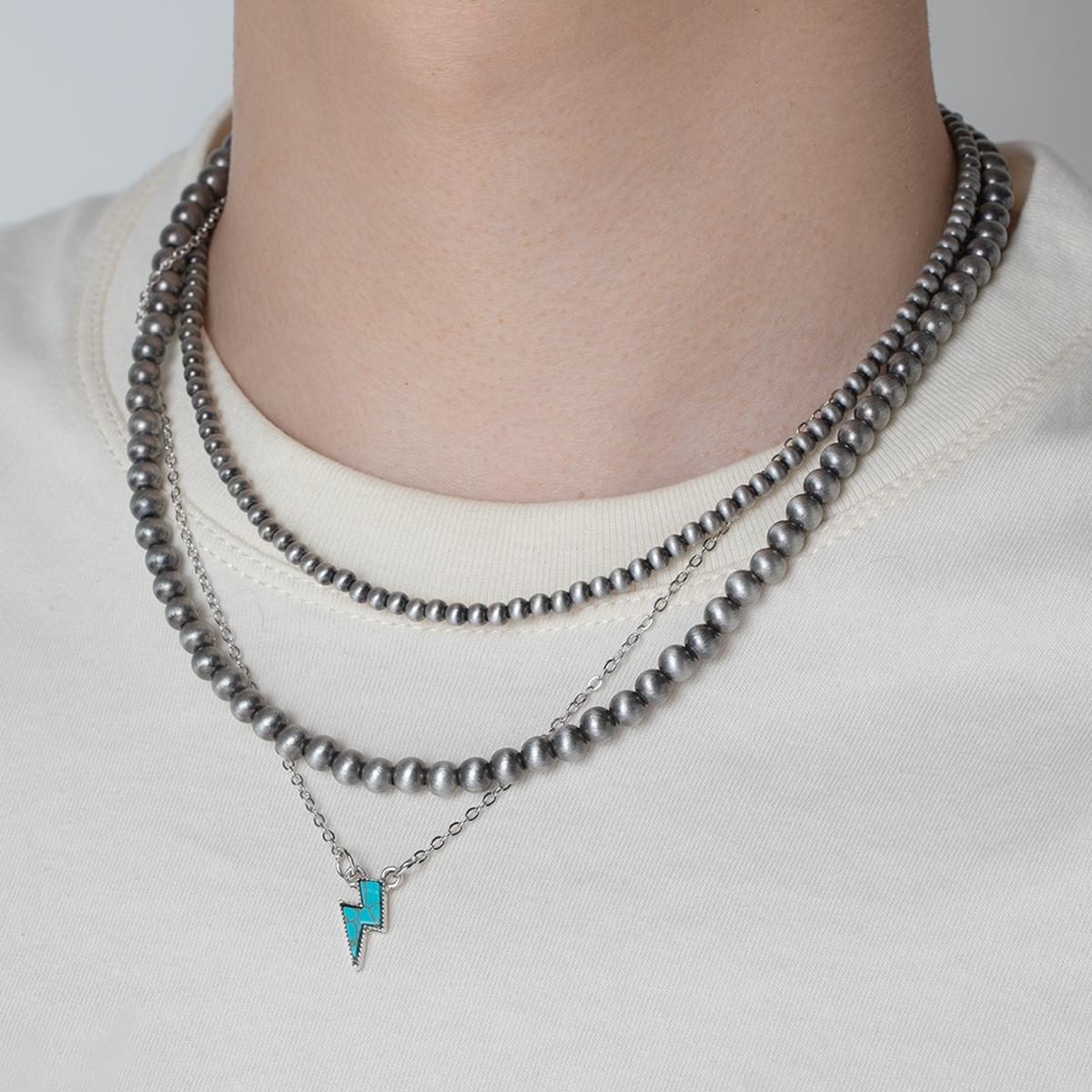 Punk Wind Turquoise Lightning Pendant Double Layer CCB Beaded Men s Necklace