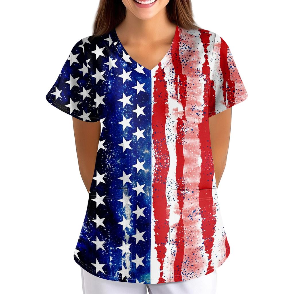 Women's Patriotic Print V-Neck Short Sleeve Scrub Top with Pockets Loose Fit
