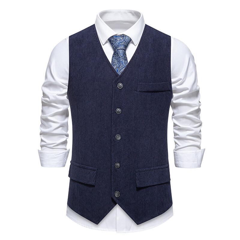 Cozy Up New Men's Corduroy Vest Fashion Retro V Neck Pockets Suit Vest Spring Autumn British Casual Vintage Gentleman Leisure Business