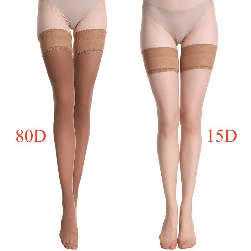 Women Sexy Lace Top Silicone Stay Up Thigh High Stockings 80D Velvet Leg Warmers For Autumn 15D Ultrathin Medias For Summer