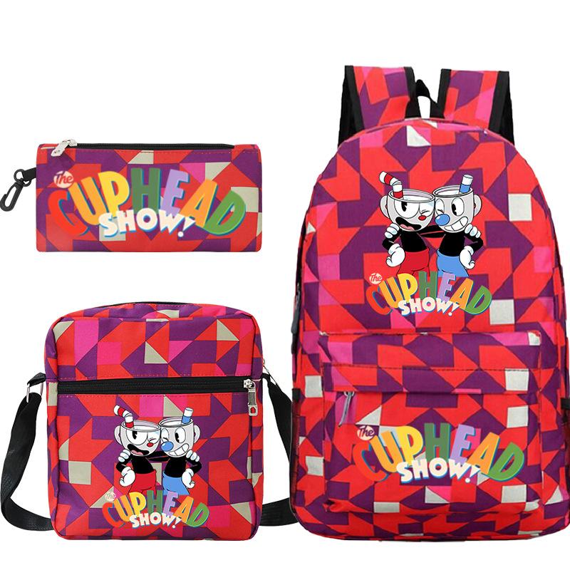Cartoon Teacup Head Cuphead Student School Bag Backpack Three-piece Set Children's Shoulder Bag Pencil Bag
