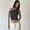New French casual strap streamer diagonal shoulder contrasting color polka dot open button irregular top T-shirt