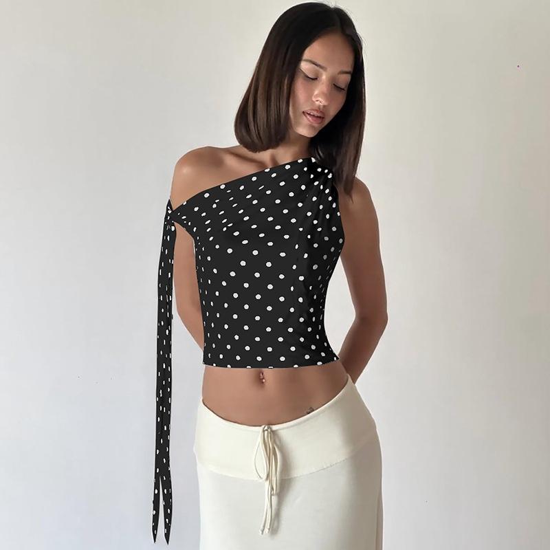 New French casual strap streamer diagonal shoulder contrasting color polka dot open button irregular top T-shirt