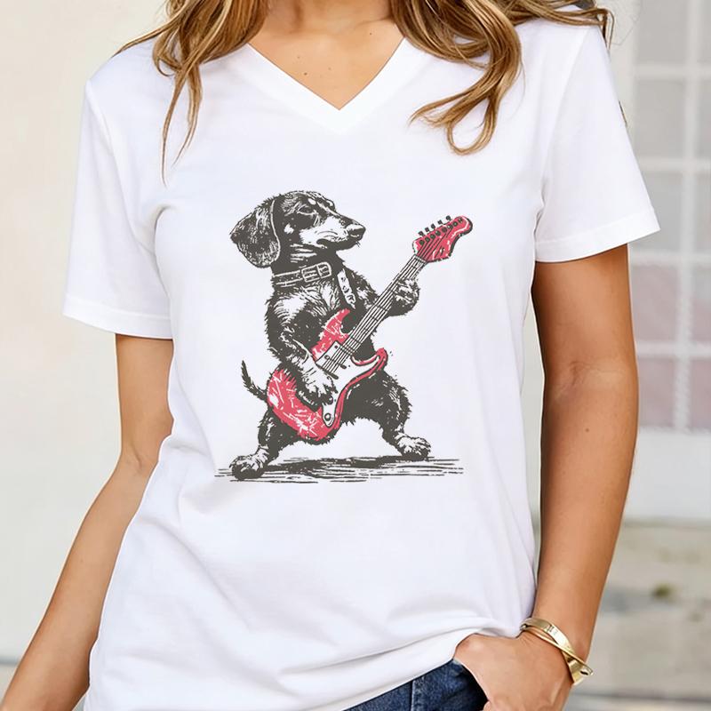 Vintage Dachshund Playing Guitar TShirt Women Funny Wiener Dog Rocker Tee Top Dog Lover Gift Fashion Short Sleeve Vneck Tee