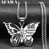 Butterfly Faith Cross Pendant Necklace for Women Men Stainless Steel Be Still and Know That I Am God Psalm Chain Jewelry Collier