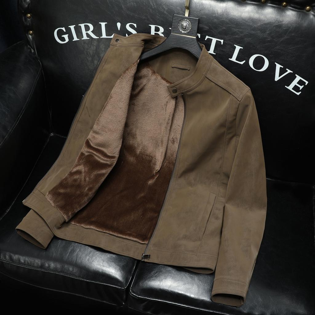 Autumn and winter new trend velvet PU leather jacket men's fashion stand-up collar locomotive leather jacket slim trendy men