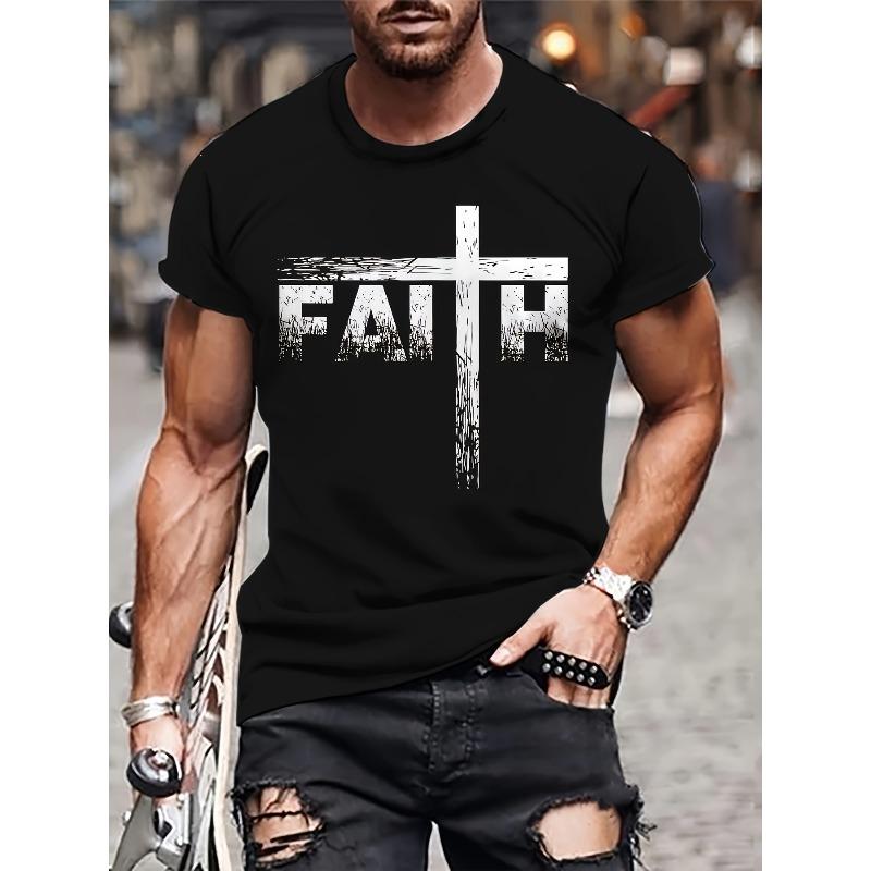 

European Size Men s Faith & Suitable for Distressed Cross Print T-Shirt - 100% Cotton Regular Fit Casual Tee, Lightweight Faith Symbol for Church S чёрный