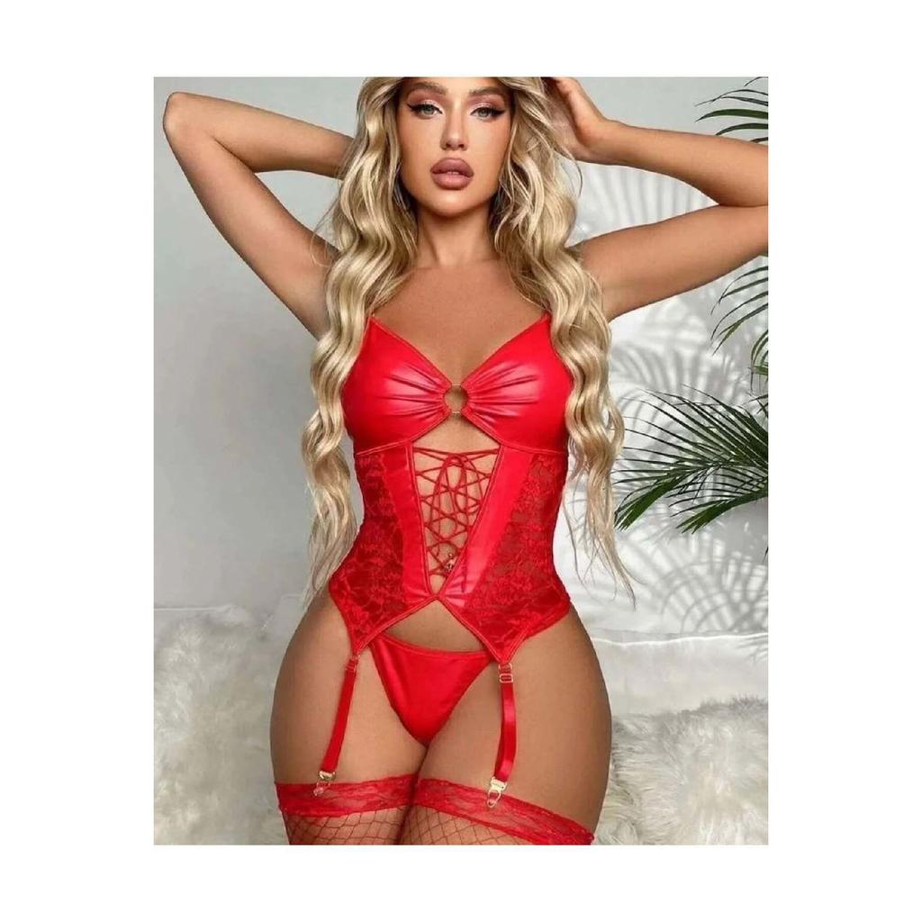 Lame Leather Tulle Detailed Fantasy Garter Set Sexy Nightgown With Fishnet Stockings