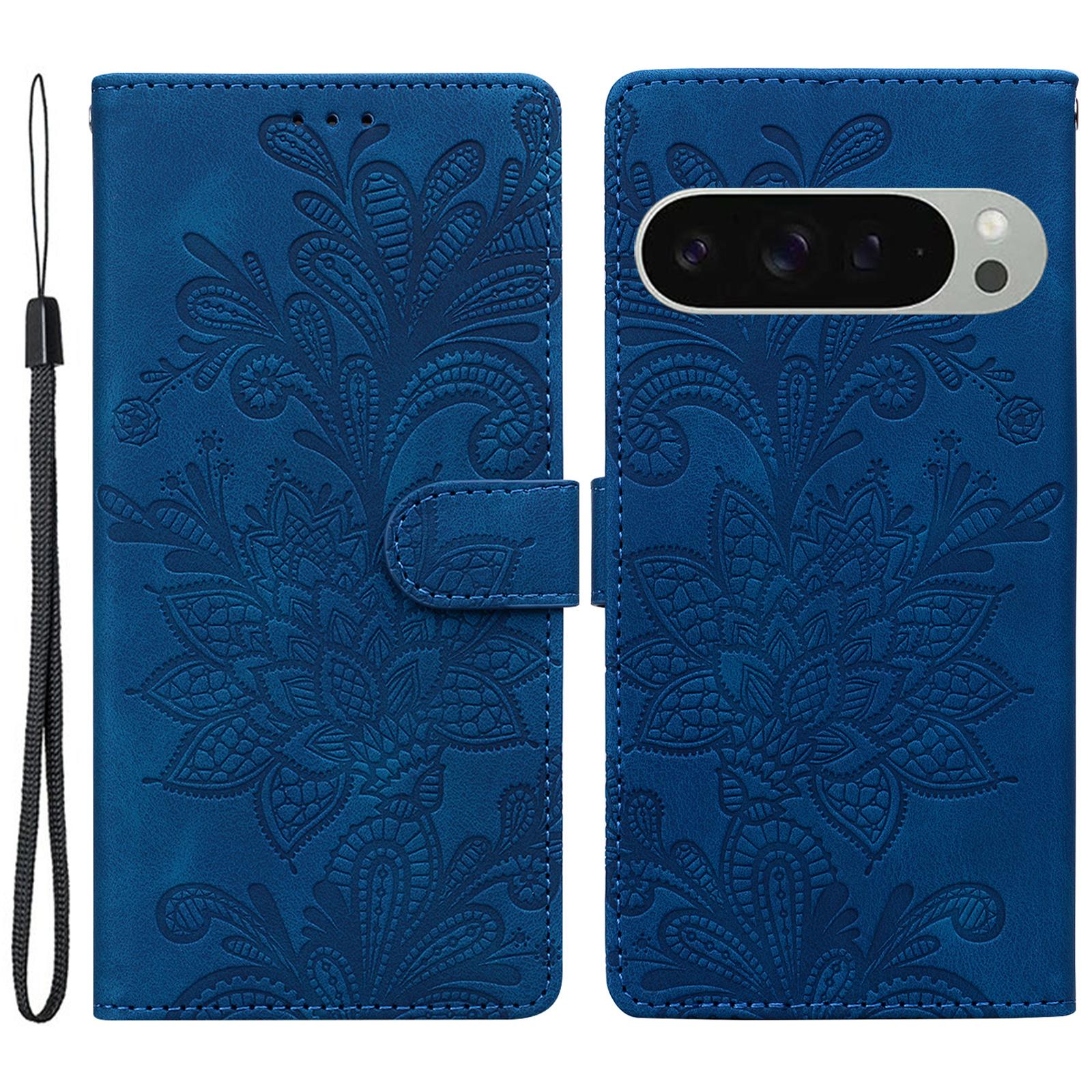 

For Google Pixel 9 Pro XL Case Imprinted Lace Flowers PU Leather Wallet Phone Cover Dark Blue