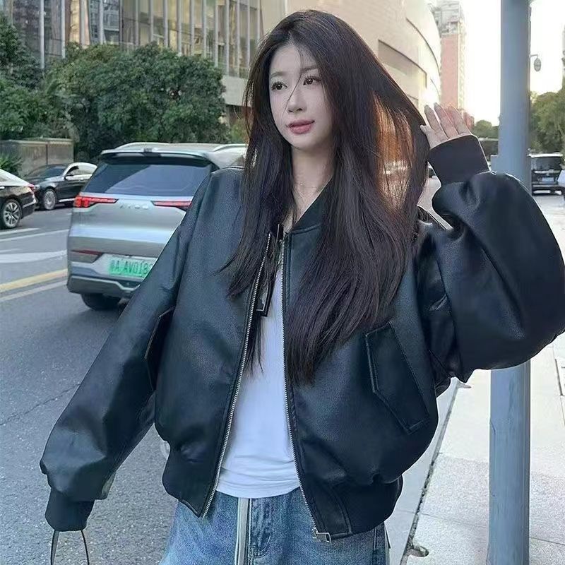 Black Zipper Short Long-sleeved Baseball Jacket Leather Jacket for Women Autumn and Winter New Retro Loose Motorcycle Jacket