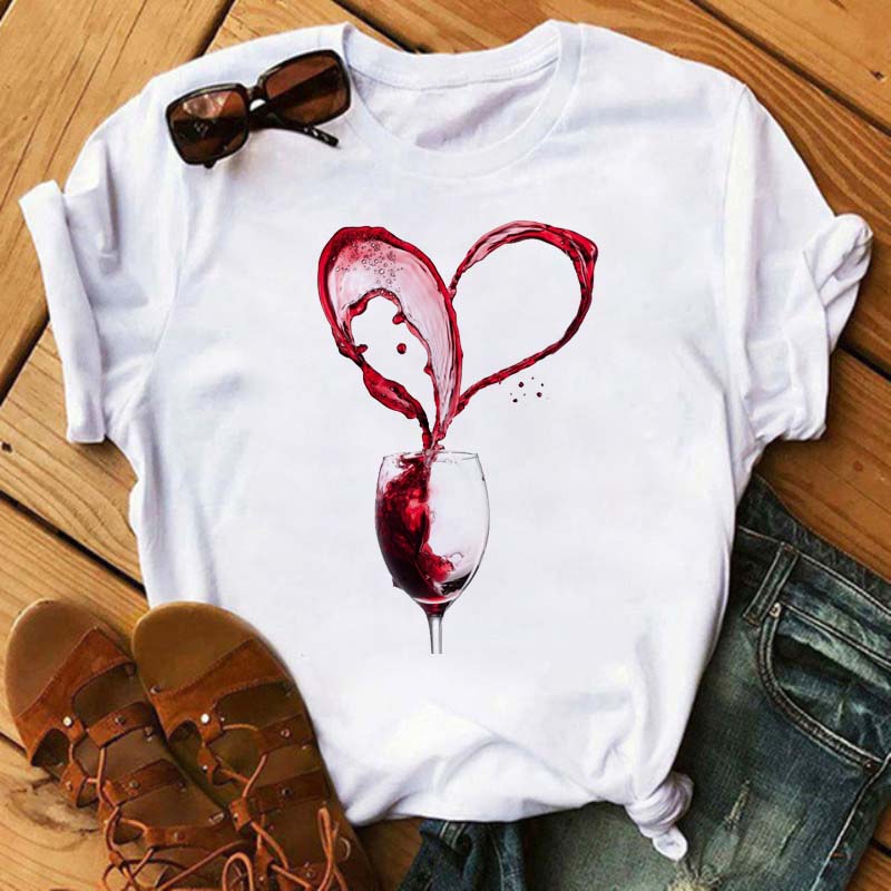 New Women T-Shirt Casual Short Sleeve T Shirt Women's Fashion Rose Red Wine Glass Printed Black T-Shirt Female Tops Tees