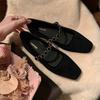 Fashion Flat Shoes for Women 2025 Spring and Autumn French Square Toe Shallow Mouth Diamond Low Heel Suede Mary Jane Shoe