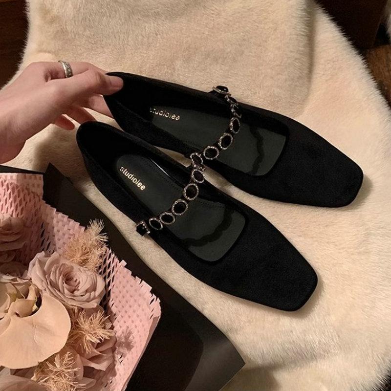 Fashion Flat Shoes for Women 2025 Spring and Autumn French Square Toe Shallow Mouth Diamond Low Heel Suede Mary Jane Shoe