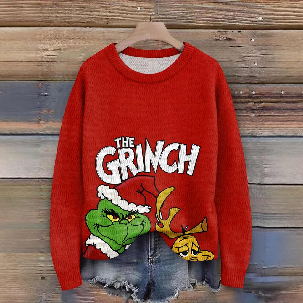 Long Sleeve Pullover Sweaters For Women O Neck Casual Cute Printing Knit Oversized Sweater