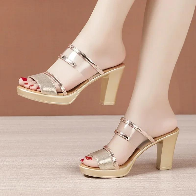 

8cm Small Size 32-43 Elegant Office Ladies Block High Heels Shoes Summer Slippers 2025 Clear Leather Slides Platform Model Dress 32